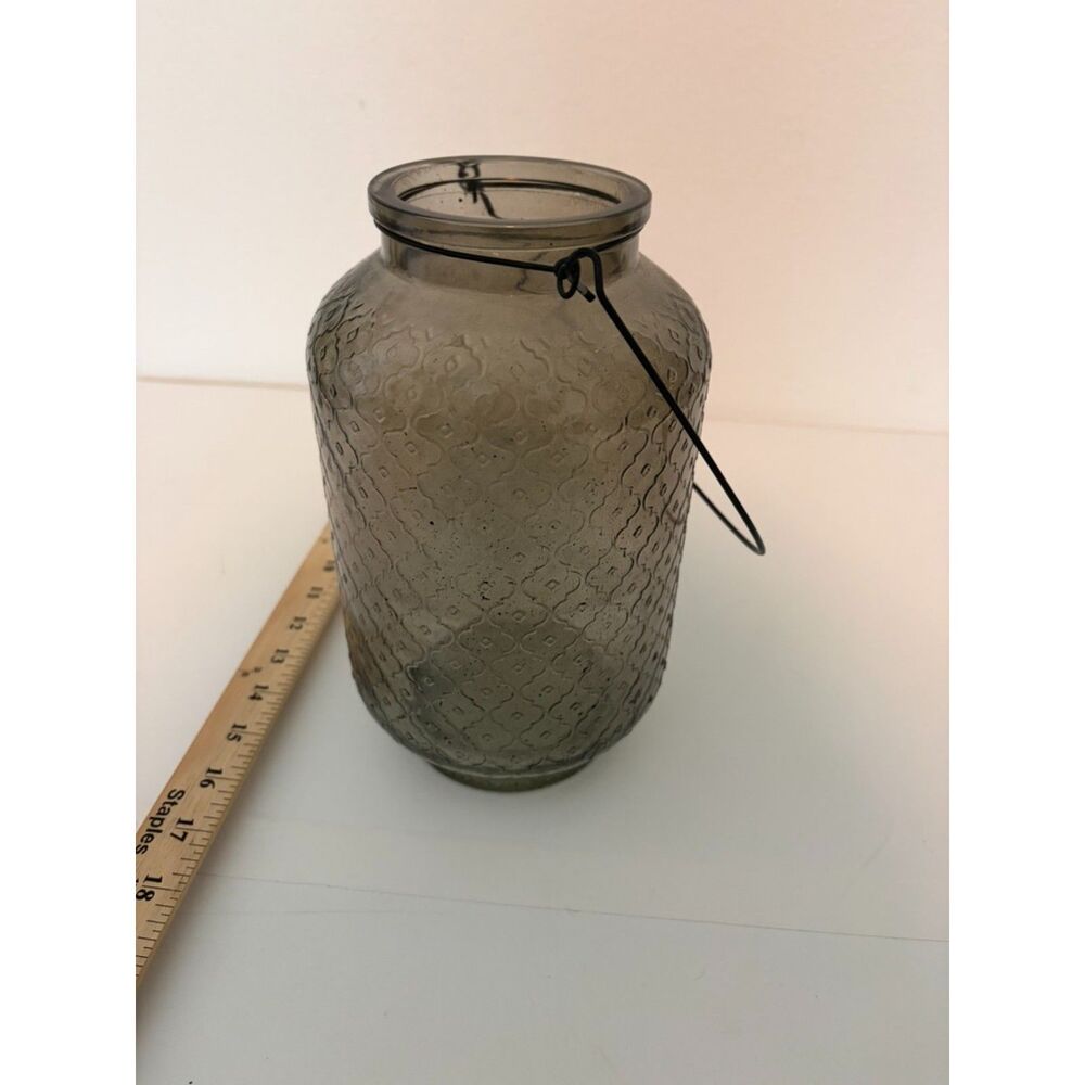 Gray Moroccan Candle holder with textured glass and wire handle